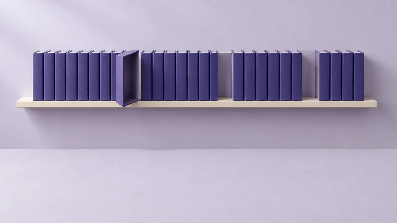 A neat row of violet books on a shelf, one pulled halfway out to show it is only a hollow shell of spine and covers