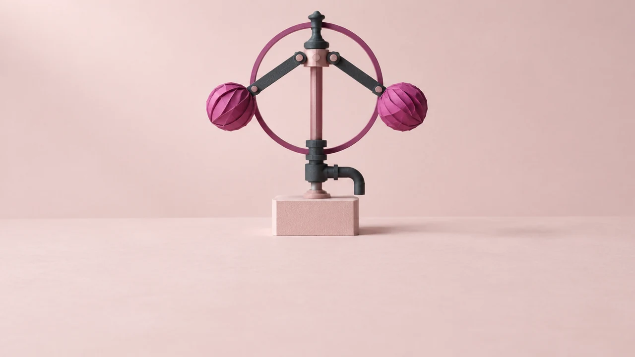 A flyball governor with outswung weights stands above a small valve, framed by a large magenta ring like a closed loop