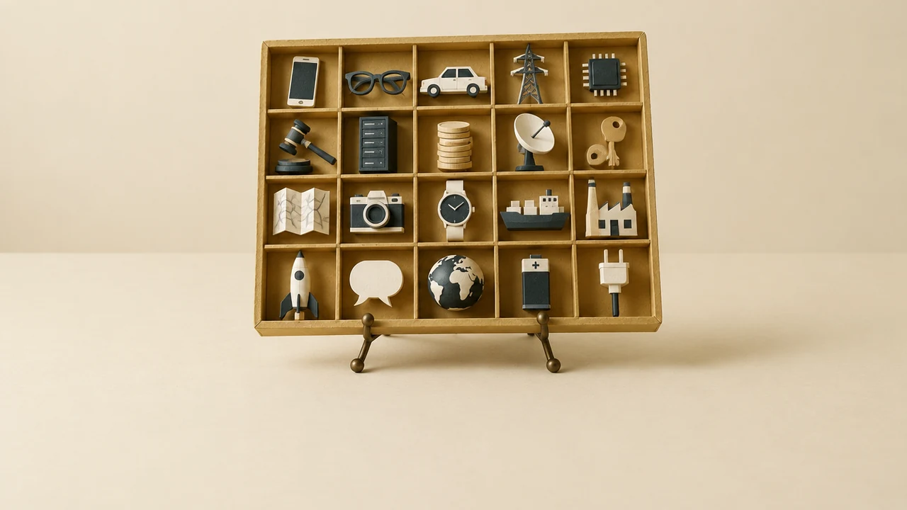 A letterpress type-case tray on a small easel, each of its twenty compartments holding a tiny paper object, from a phone to a gavel