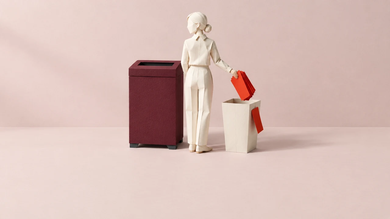 Seen from behind, an office worker drops a sheaf of red papers into an open bin beside a tall shredder, one sheet sliding down its side