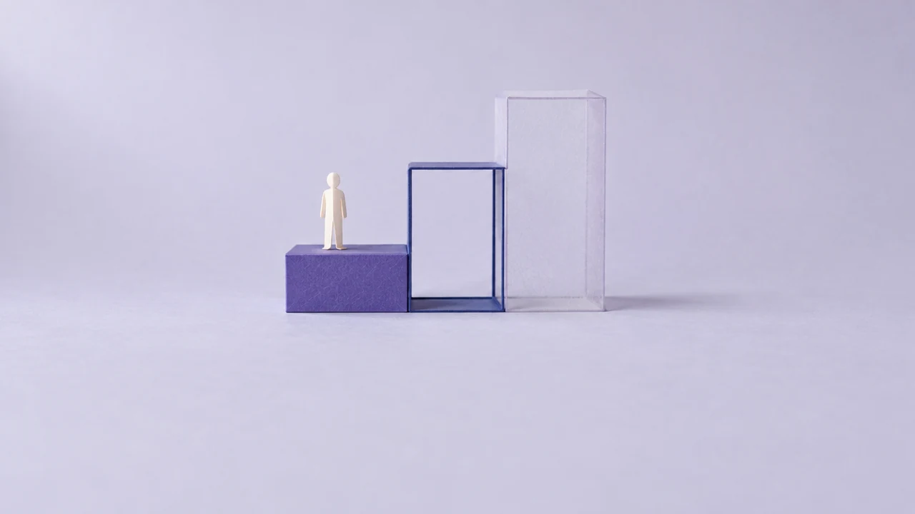 A three-step staircase: a solid violet first step with a small figure on it, a wire-outline second step and a faint, much taller third