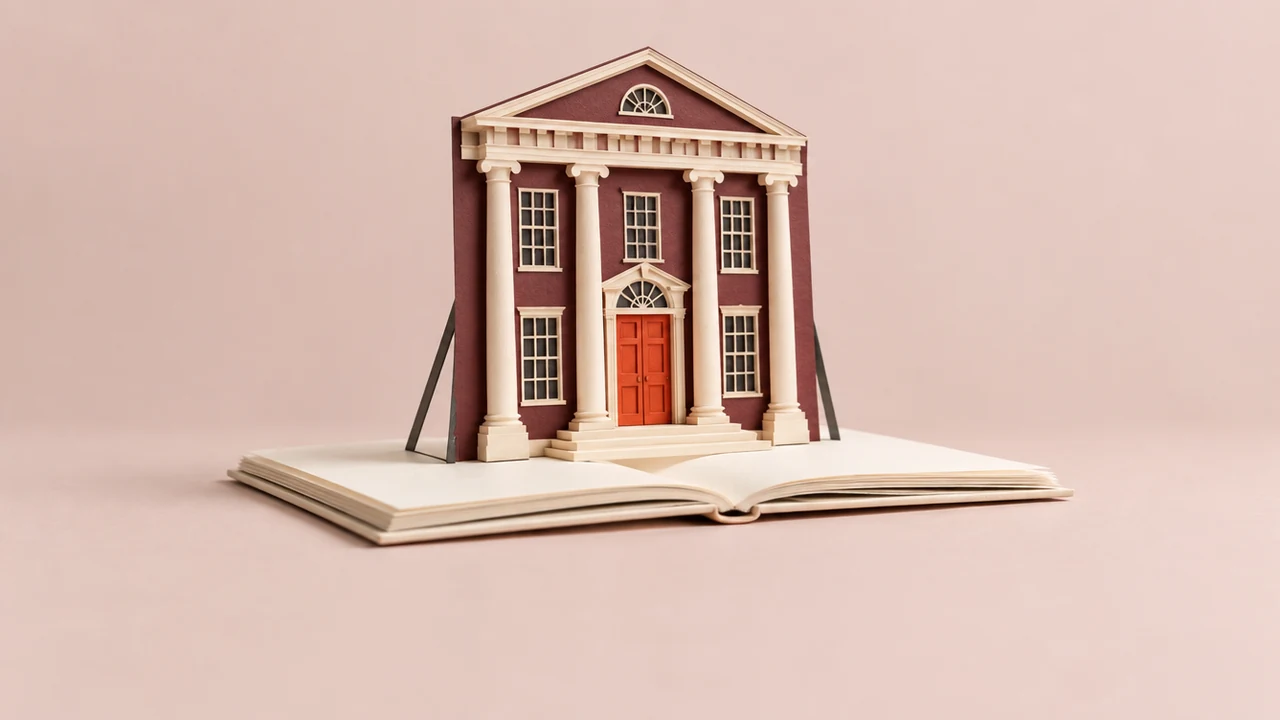 An open pop-up book raises a grand columned facade with a red doorway, a flat front propped up by thin struts at its sides