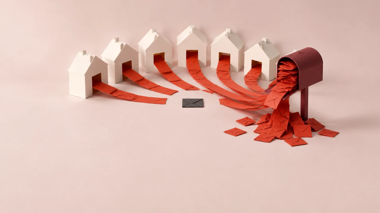 A semicircle of identical paper houses around one small envelope, each sending a red envelope to a single overflowing mailbox