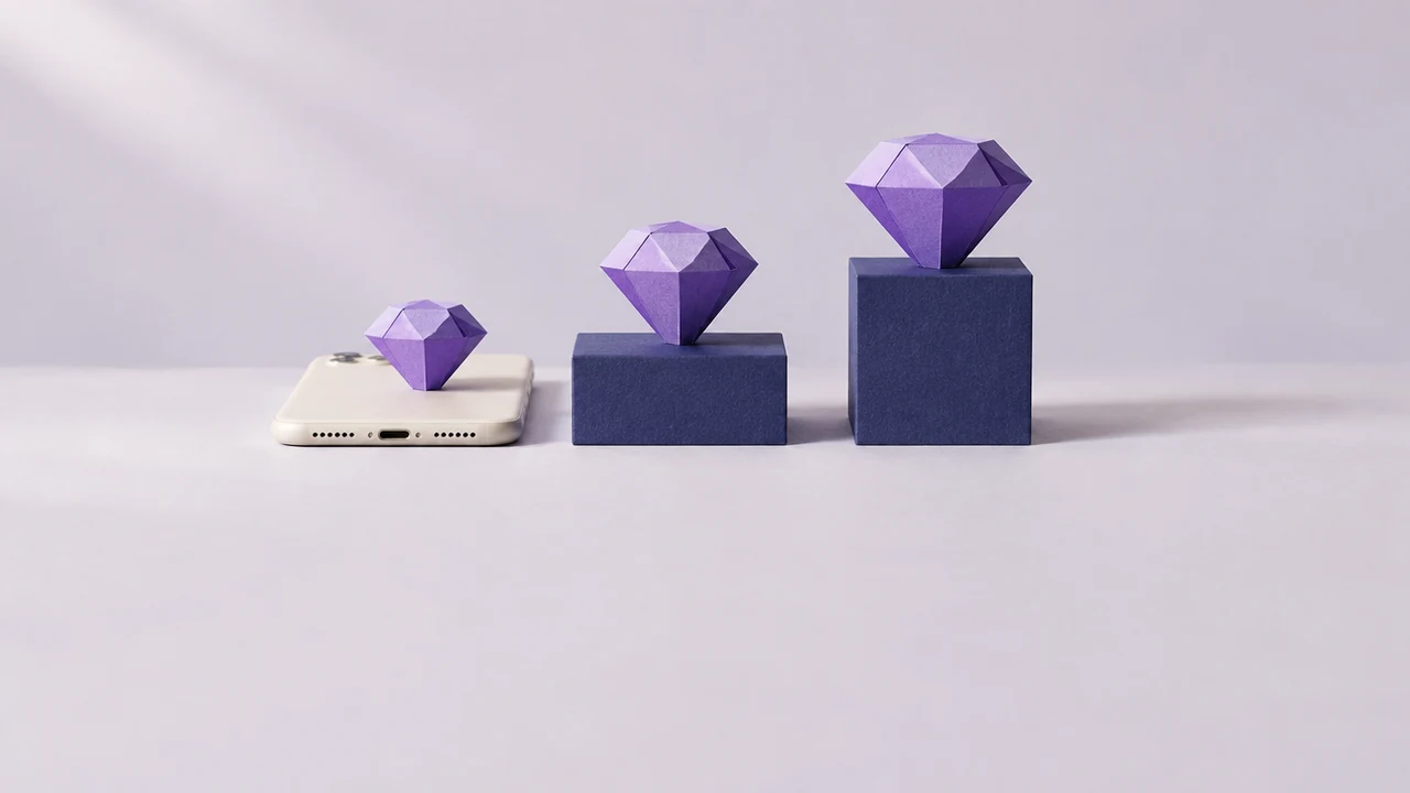 Three faceted violet paper gems of the same cut in three sizes; the smallest rests on a blank phone, the largest on a tall plinth