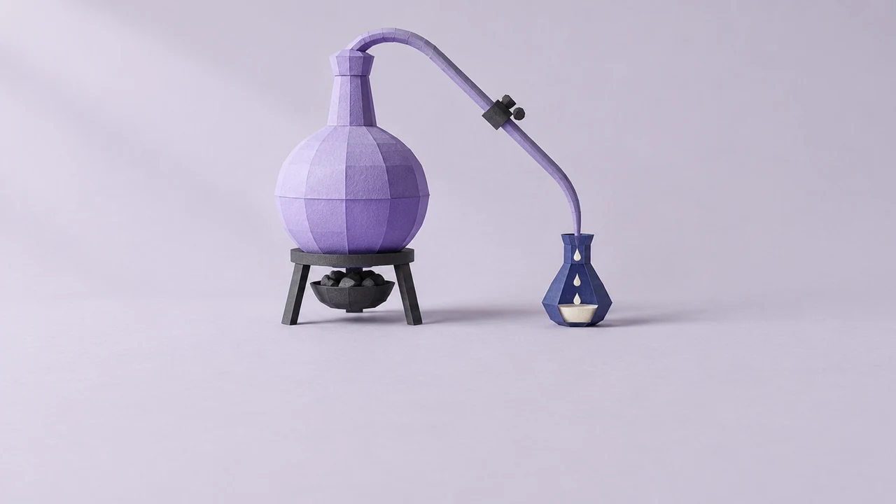A paper distillation still: a violet flask over a burner feeds a long tube, pinched by a clamp, into a small flask collecting drops