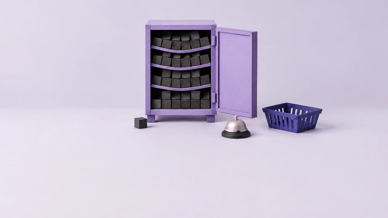 A small violet fridge stands wide open, every shelf crammed with heavy dark cubes, beside a service bell and an empty basket