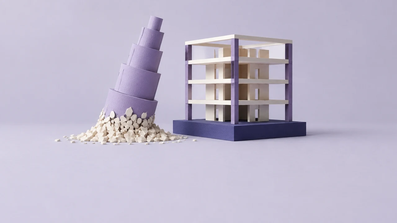A tall violet tiered cake leans on a loose heap of grains beside a sturdy building on a broad foundation, held up by four columns